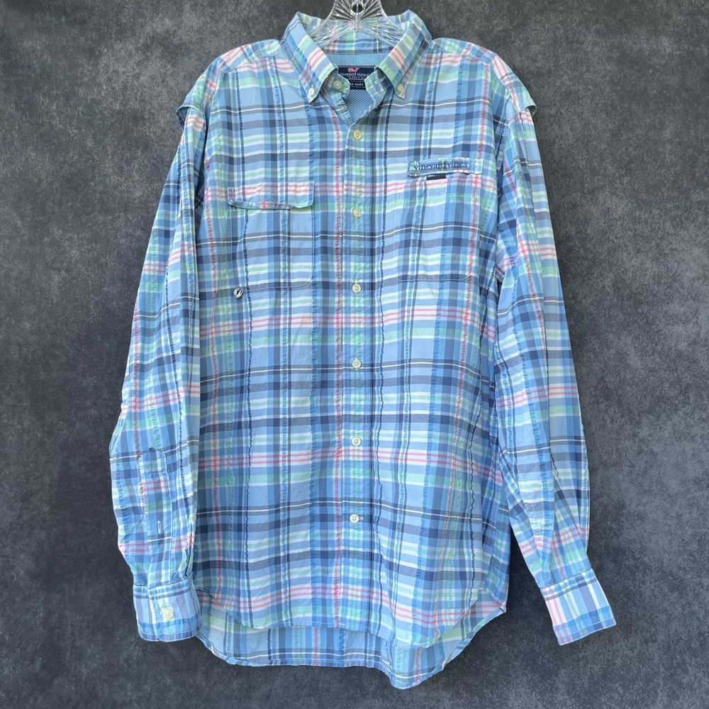 Vineyard Vines Shirt Mens Medium Blue Preppy Plaid Ventilated‎ Fishing Nautical